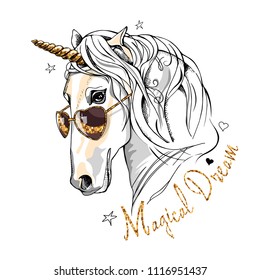 Vector illustration. White Unicorn with a golden sparkle horn and in a sunglasses on a white background. Magical dream - lettering quote. Poster, t-shirt composition, hand drawn style print.