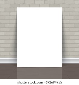 Vector illustration of a white vertical poster standing on a white stand against a white brick wall background