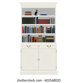 Vector illustration white vintage cabinet with books -bibliography, encyclopedia and handbooks. Retro interior furniture. Bookshelf