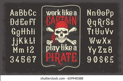 Vector illustration of a white vintage font, the Latin alphabet with retro pirate print with skull and crossbones. Template, design element