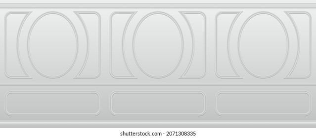 Ilustración vectorial pared blanca decorada con paneles de moldeo. Fondo real de pared vacío de la habitación blanca con molduras decorativas blancas en la pared de estilo clásico. Fondo vectorial impecable.
