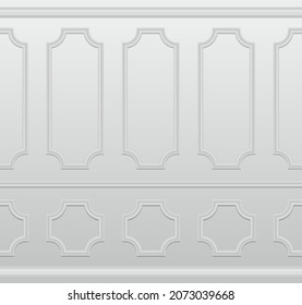 Ilustración vectorial pared blanca decorada con paneles de moldeo. Fondo real de pared vacío de la habitación blanca con molduras decorativas blancas en la pared de estilo clásico. Fondo vectorial impecable.