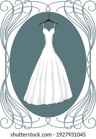 Vector illustration of white wedding dress in vintage ornate frame