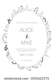 Vector illustration of white wedding invitation template with small leaves and flowers. 