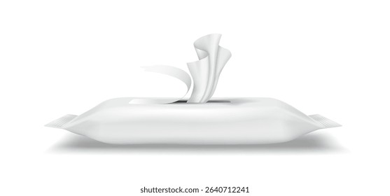 Vector illustration of a white wet wipes package in realistic style. Soft and clean design, primarily in shades of white. Ideal for hygiene and personal care promotions.