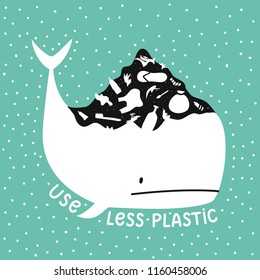 Vector illustration with white whale and big hill of garbage on it. Use less plastic lettering quote. Typography poster about ocean pollution and ecology problems