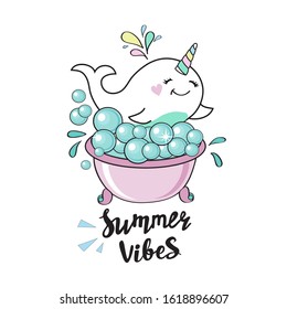 Vector illustration with white whale unicorn and the inscription summer vibes on a white background for children
