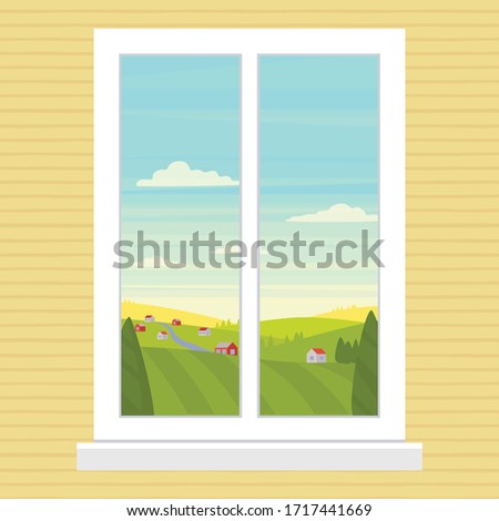 Vector illustration of a white window and natural landscape. Cartoon flat drawing view of the farm, fields and sky. Sunny day outside the window background picture.