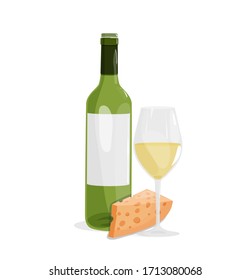 Vector illustration of white wine bottle, wine glass and cheese for web, infographics, design. 