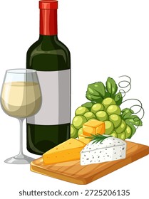 Ilustración vectorial de botella de vino blanco, vidrio, uvas verdes y queso en tablero de madera