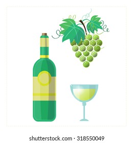 Vector illustration of white wine bottle, white wine glass, and green grape vine. Vector illustration element for your design. 