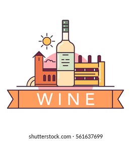 Vector illustration of the white wine bottle, vinery and wine box on white background with lettering. Alcohol drinks and beverages topic. 