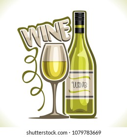 Vector illustration of white Wine, poster with bottle of french chardonnay and half full wineglass with green drink, original typeface for word wine with twisted decoration, composition for bar menu.