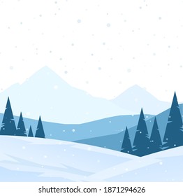 Vector illustration: White Winter Mountains landscape with pines and hills.