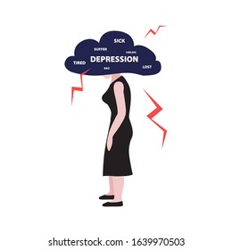 Vector illustration of white woman with dark cloud on the head with thunders and word "depression" . Depression, burn out at work concept. Design for psyhologist column of prevention mental disease 