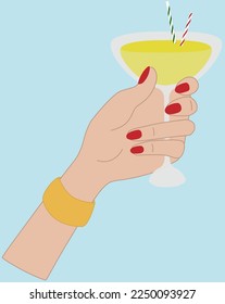 Vector illustration of white woman hand holding cocktail in champagne retro glass in cartoon style