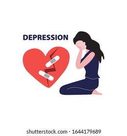 Vector illustration of white woman with long dark hairs sits on the floor and crying around broken heart with crack and patch. Depression, harrassment, abuse or bullying concept. 