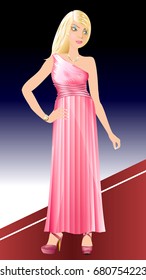 Vector Illustration of white woman with pink dress on red carpet.