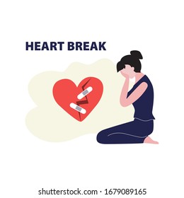 Vector illustration of white woman sits on the floor and crying around broken heart with crack and patch. Depression, harrassment, abuse or bullying concept. 