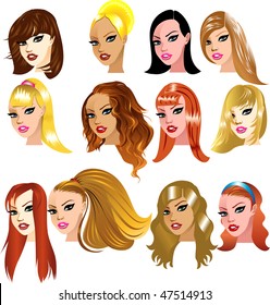 Vector Illustration of White Women Faces. Great for avatars, makeup, skin tones or hair styles of Caucasian women.