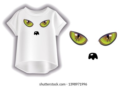
Vector illustration of white women`s t-shirt with a pattern. Vector drawing of cat eyes. Fashionable women's t-shirt.