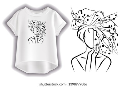 
Vector illustration of white women`s t-shirt with a pattern. Vector linear drawing of a girl. Fashionable women's t-shirt.