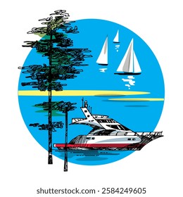 Vector illustration, white yacht, trees, sailboats. For printing tourism, design, advertising.