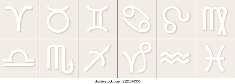 Vector illustration. White zodiac signs with shadows on cream background.