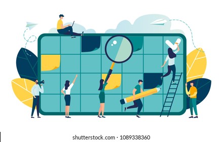 Vector illustration, whiteboard with schedule plans, work planning, daily routine, people filling out the schedule in the table vector