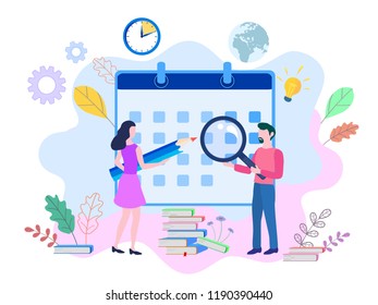 Vector illustration, whiteboard with schedule plans, work in progress, people filling out the schedule in the table, work planning, Concept for web page, banner, presentation, social media, documents