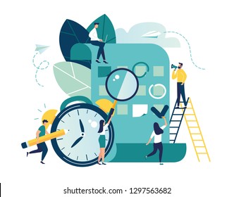 Vector illustration, whiteboard with schedule plans, work planning, daily routine, people filling out the schedule in the table - Vector 