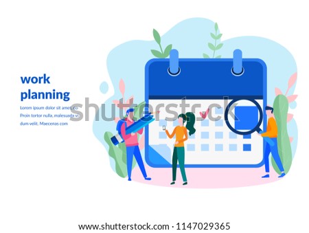 Vector illustration, whiteboard with schedule plans, work in progress, people filling out the schedule in the table, work planning, Concept for web page, banner, presentation, social media, documents,