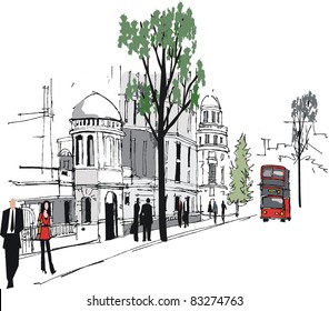 Vector illustration of Whitehall, London with red bus.