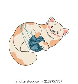 Vector illustration of a white-red cat entangled in a tangle with threads. The cat is playing. Funny pet. Great as a fashionable print for pajamas or T-shirts, postcards, stickers. Cartoon style