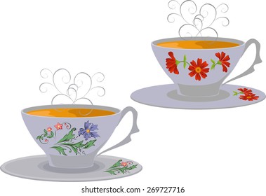 Vector illustration of whites Cups with flower pattern. 