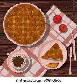 Vector illustration with whole apple pie and cut piece in coral plate, coffee in cup and saucer, fork, knife isolated on background with pink clove towel on wooden table.