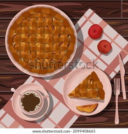 Vector illustration with whole apple pie and cut piece in coral plate, coffee in cup and saucer, fork, knife isolated on background with pink clove towel on wooden table.