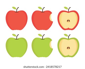 vector illustration of whole and bitten red and green apples. Apple Eating Stages from Whole to Half and Core. Healthy Fresh Organic Food. Isolated Vector Illustration.