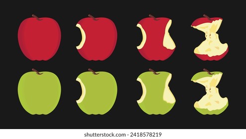 vector illustration of whole and bitten red and green apples. Apple Eating Stages from Whole to Half and Core. Healthy Fresh Organic Food. Isolated Vector Illustration.
