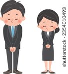 Vector illustration of the whole body of a man and a woman wearing suits with their heads lowered.