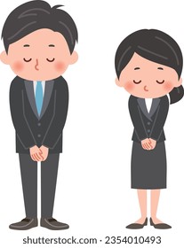 Vector illustration of the whole body of a man and a woman wearing suits with their heads lowered.