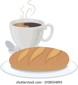 Vector Illustration of a Whole Bread and Hot Coffee, Hot Chocolate on cup