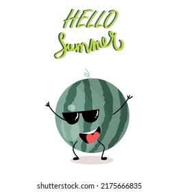Vector illustration of a whole cheerful watermelon in sunglasses, a cartoon character, with the inscription "Hello summer". Summer time, summer mood, berries, organic. Cheerful watermelon.