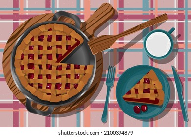 Vector illustration with whole cherry pie in frying pan on wooden board, cut piece in plate, knife, fork, milk in blue mug, spatula isolated on pink clotted tablecloth background.

