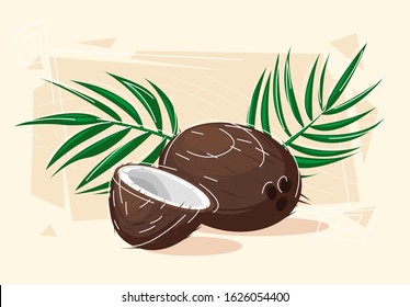 vector illustration of a whole coconut, and coconut halves with a palm branch