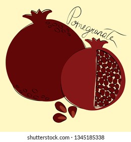 Vector illustration of whole and cut pomegranates on pastel yellow background