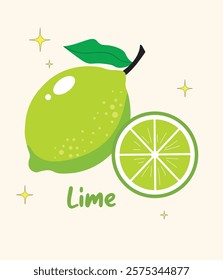 A vector illustration of a whole green lemon and a lemon slice with a green leaf and has a shiny appearance