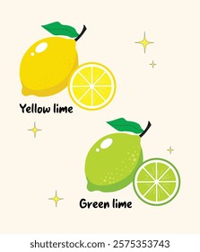 A vector illustration of a whole green and yellow lemon with a green leaf and has a shiny appearance