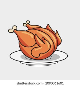 Vector Illustration Of Whole Grilled Chicken Dish On A Plate