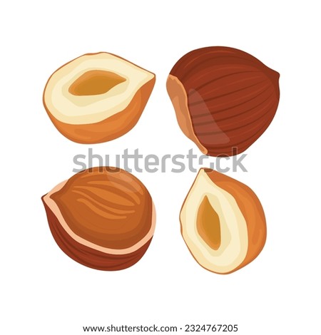 Vector illustration of whole and half brown hazelnut with green leaves. Hazelnut icon, logo, clip art and elements for web and business design.